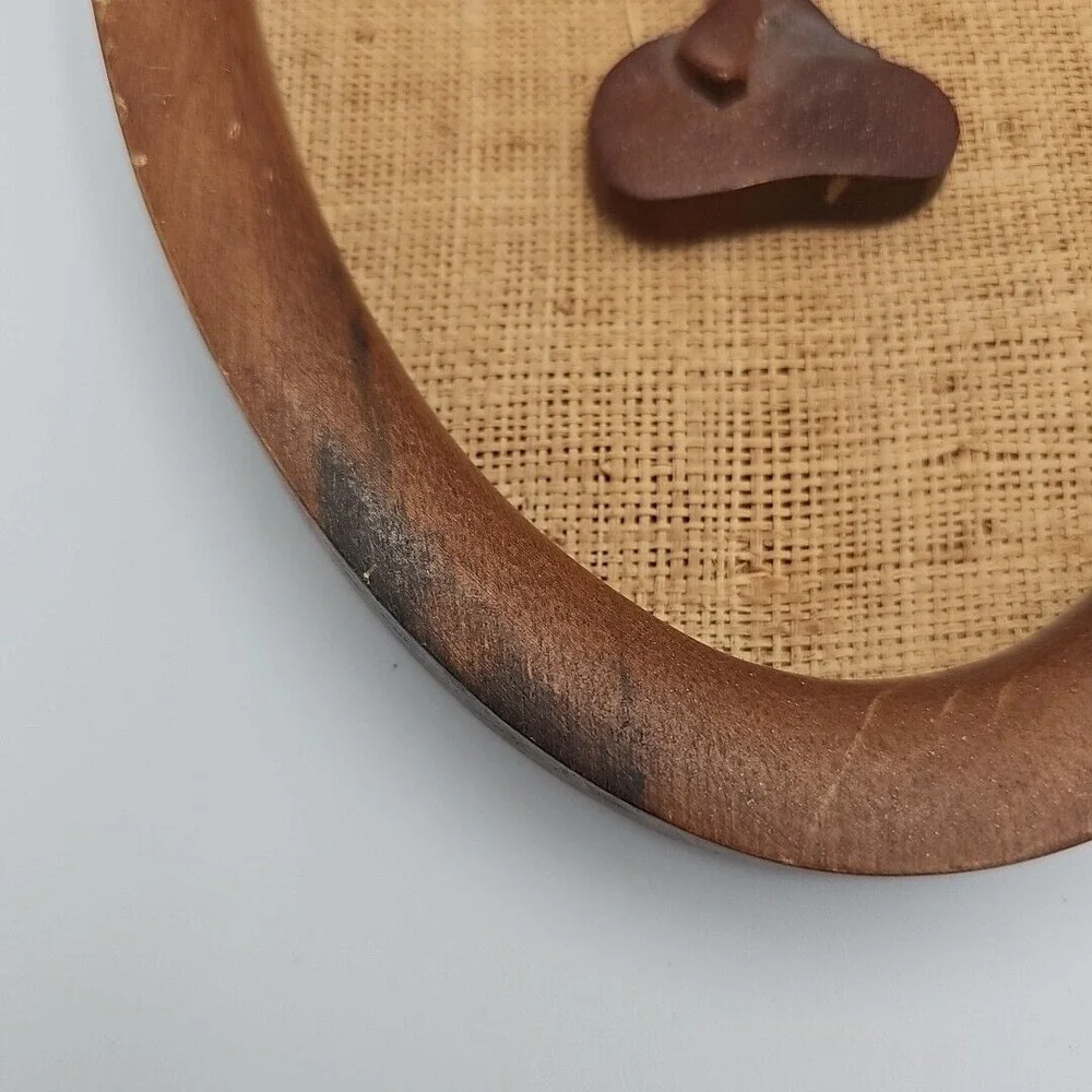 Vintage Hand-Carved Teak Wood Wall Art Oval‎ Shaped Woven Backgrounds MCM